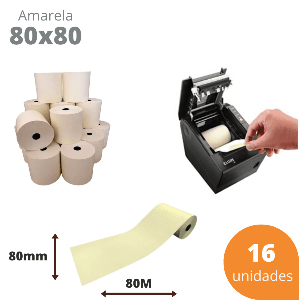 Bobina Térmica 80x80 Amarela para Cupom Fiscal PDV – Kit com 16 Unidades | Direct Paper
