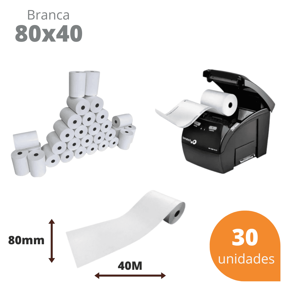 Bobina Térmica 80x40 Branca para Cupom Fiscal PDV – Kit com 30 Unidades | Direct Paper