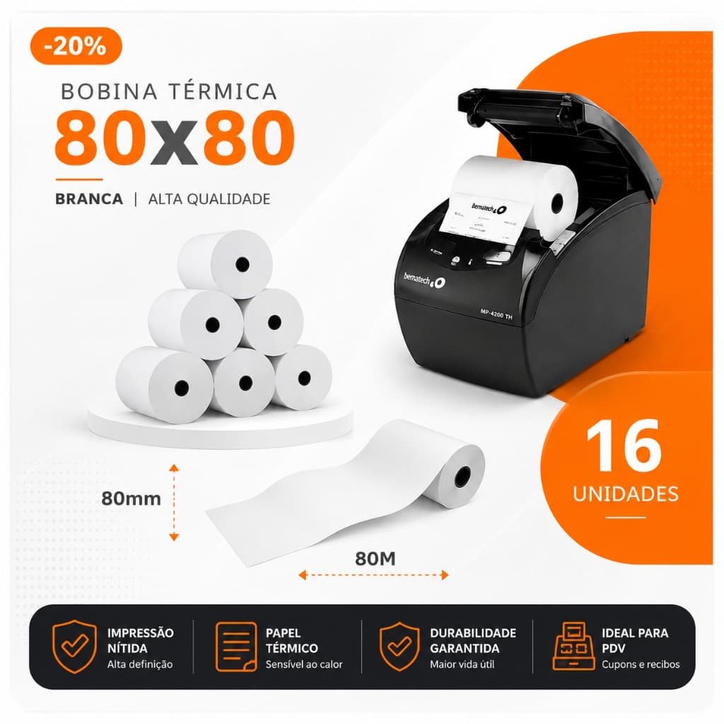 Bobina Térmica 80x80 Branca - Kit com 16 unidades - 20% de desconto