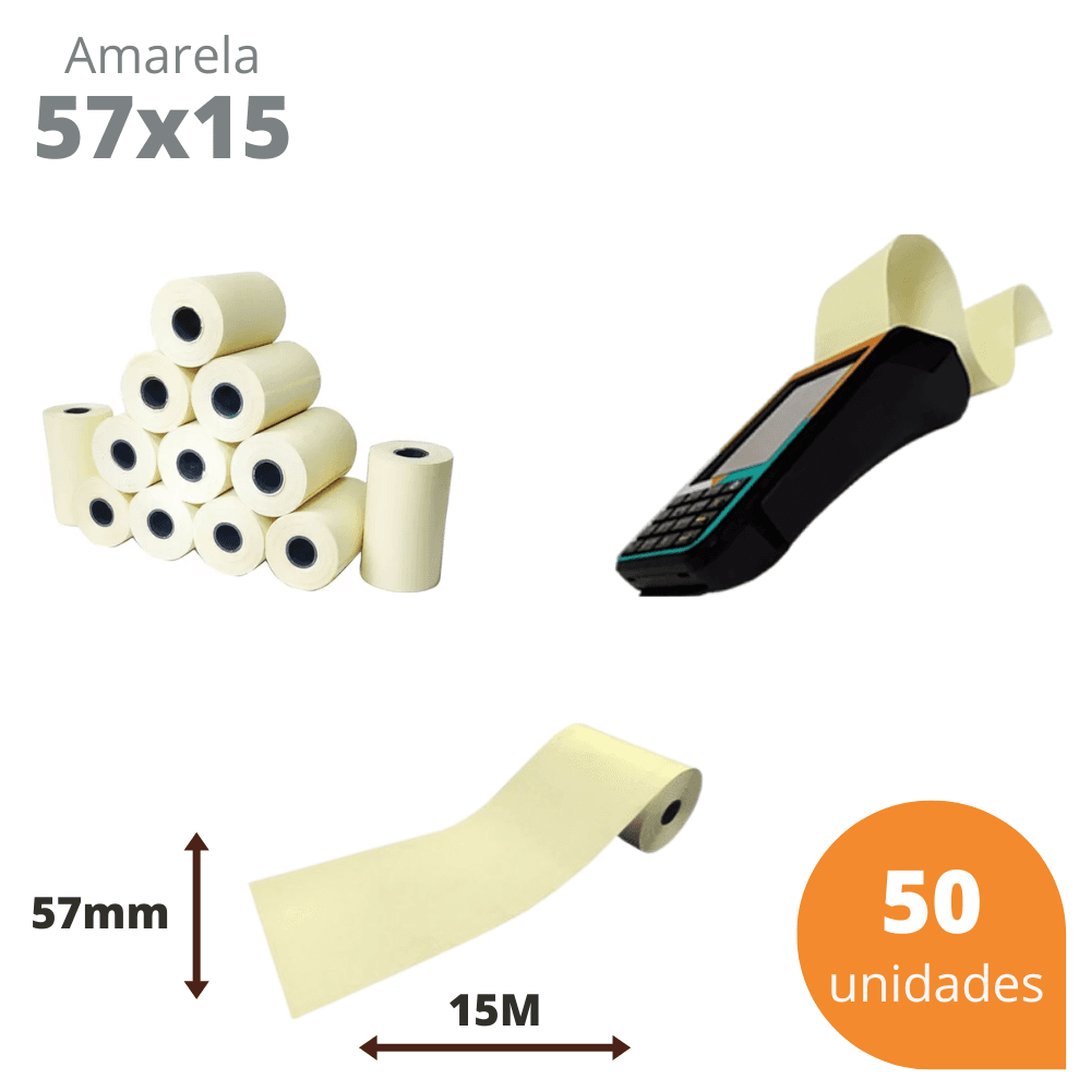 Bobina Térmica 57x15 Amarela para Máquina de Cartão – Kit com 50 Unidades | Direct Paper