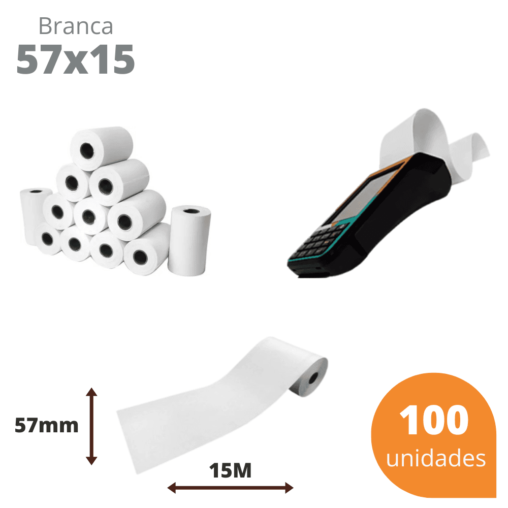 Bobina Térmica 57x15 Branca para Máquina de Cartão – Kit com 100 Unidades | Direct Paper