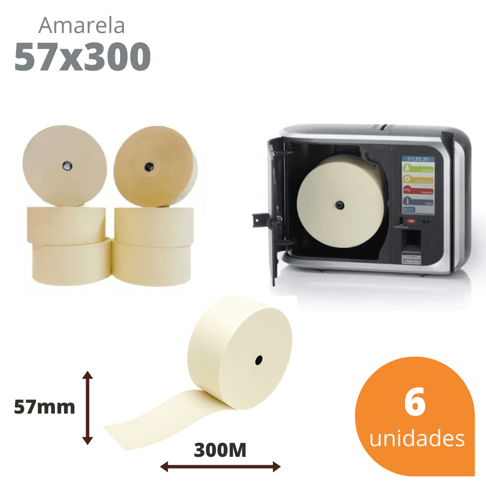 Bobina Térmica 57x300 Amarela para Relógio de Ponto – Kit com 6 Unidades | Direct Paper