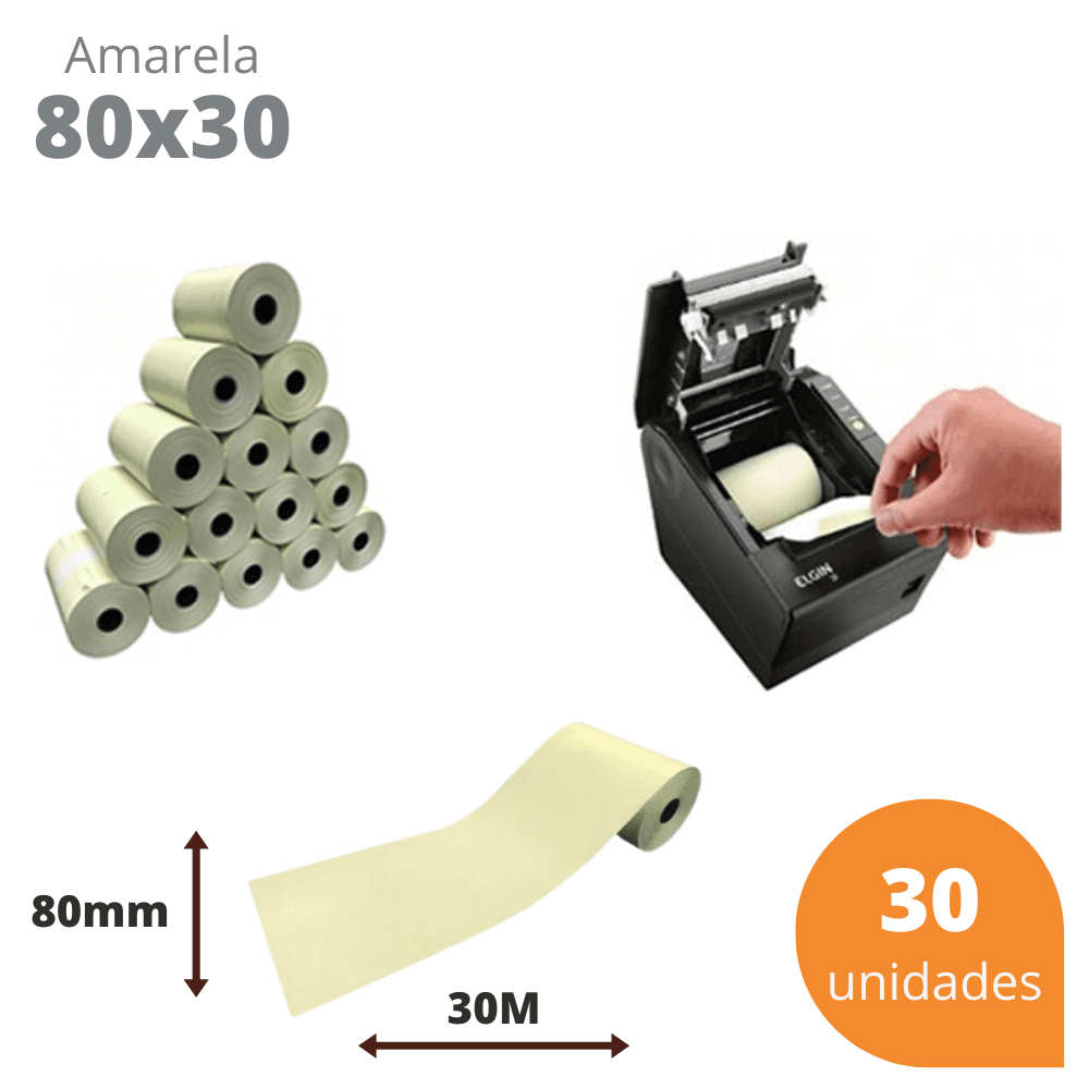 Bobina Térmica 80x30 Amarela para Cupom Fiscal PDV – Kit com 30 Unidades | Direct Paper
