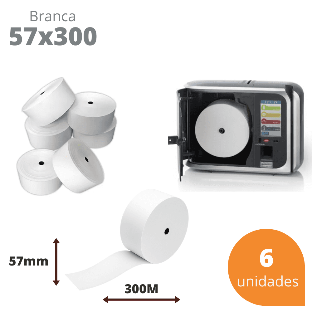 Bobina Térmica 57x300 Branca para Relógio de Ponto – Kit com 6 Unidades | Direct Paper