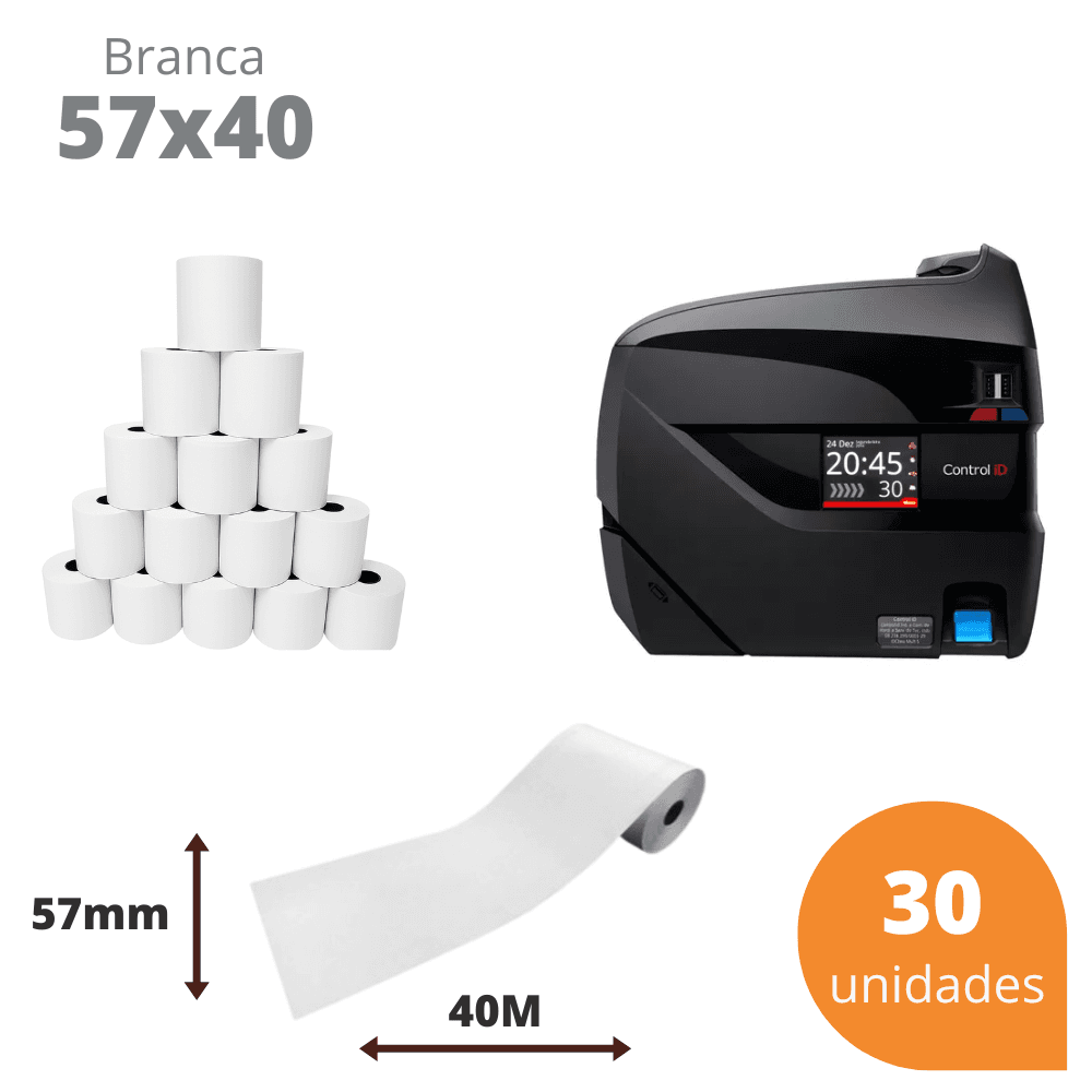 Bobina Térmica 57x40 Branca - 30 unidades para Relógio de Ponto